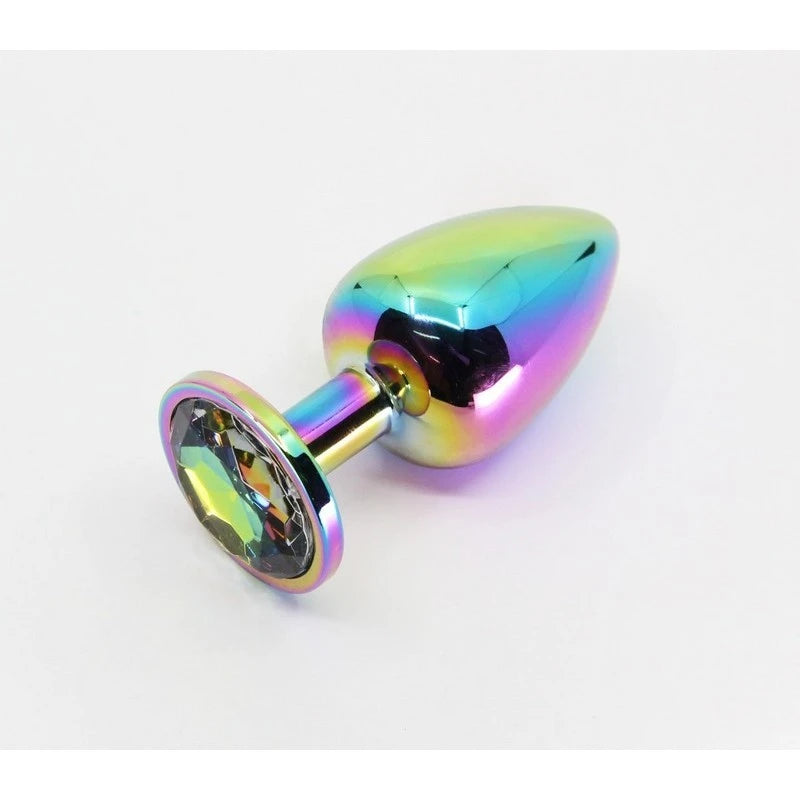 Love In Leather Round Gem Metal Anal Plug Pride Rainbow Small Silver Chrome Butt Plugs