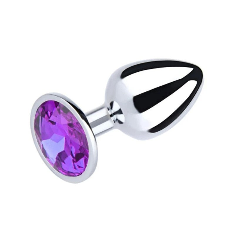 Love In Leather Round Gem Metal Anal Plug Purple Large Silver Chrome Butt Plugs