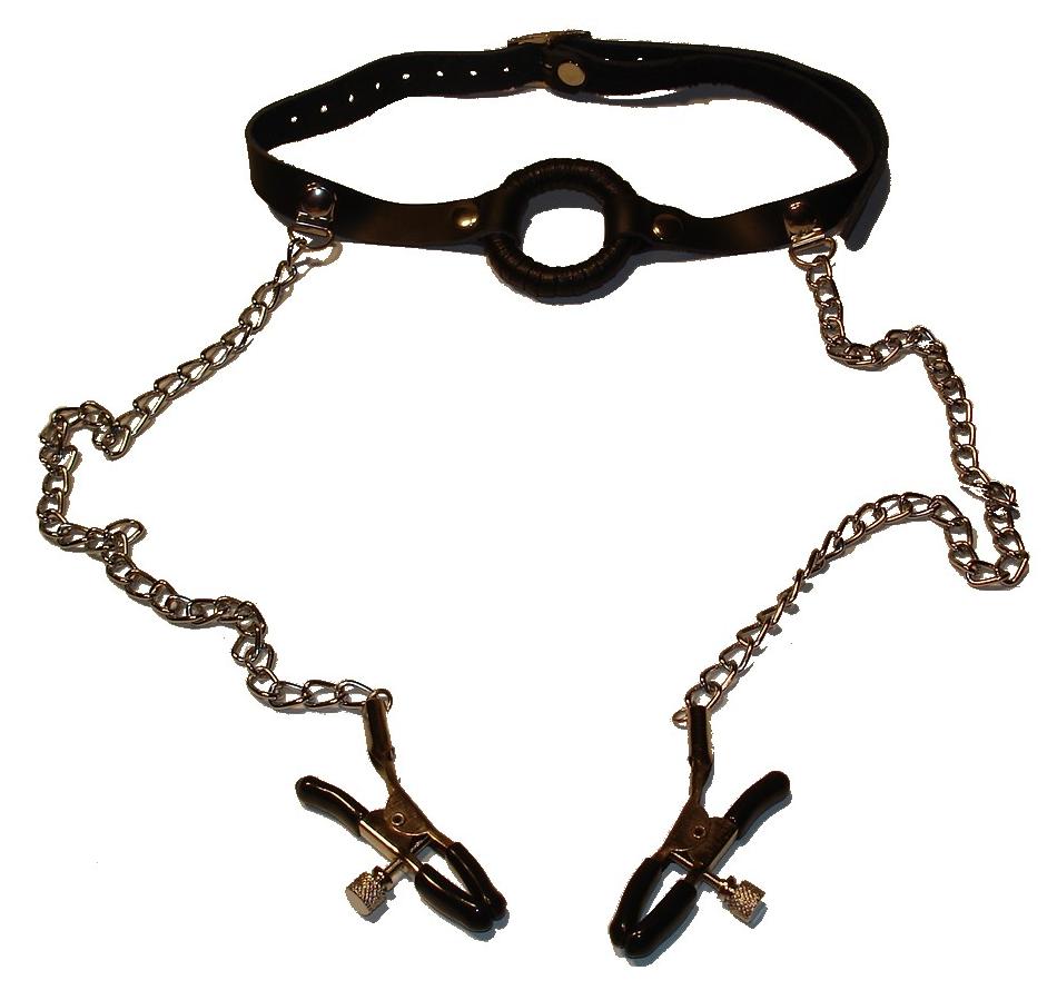 O-Ring Gag with Nipple Clamps Light Bondage Gags and Bits