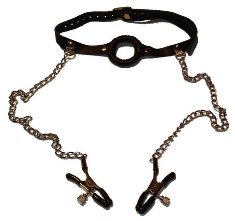 O-Ring Gag with Nipple Clamps Light - Bondage Gags and Bits
