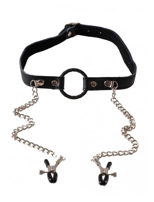 O-Ring Gag with Nipple Clamps Light Bondage Gags and Bits
