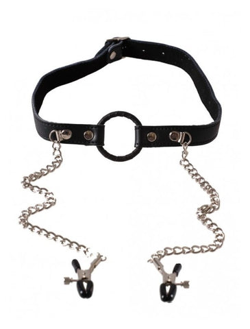 O-Ring Gag with Nipple Clamps Light - Bondage Gags and Bits