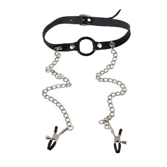 O-Ring Gag with Nipple Clamps Light Bondage Gags and Bits
