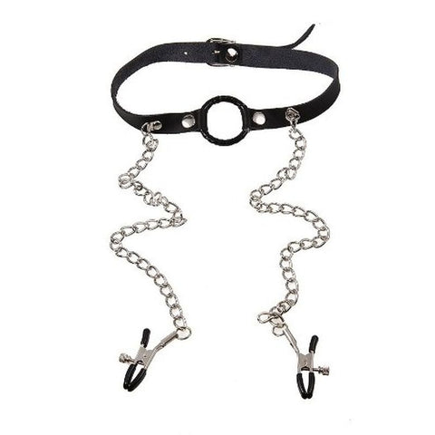 O-Ring Gag with Nipple Clamps Light - Bondage Gags and Bits