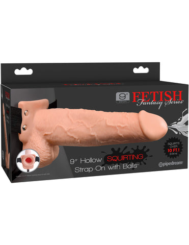 Fetish Fantasy 9 inch Hollow Squirting Strap-On with Balls - Bullet Vibrators