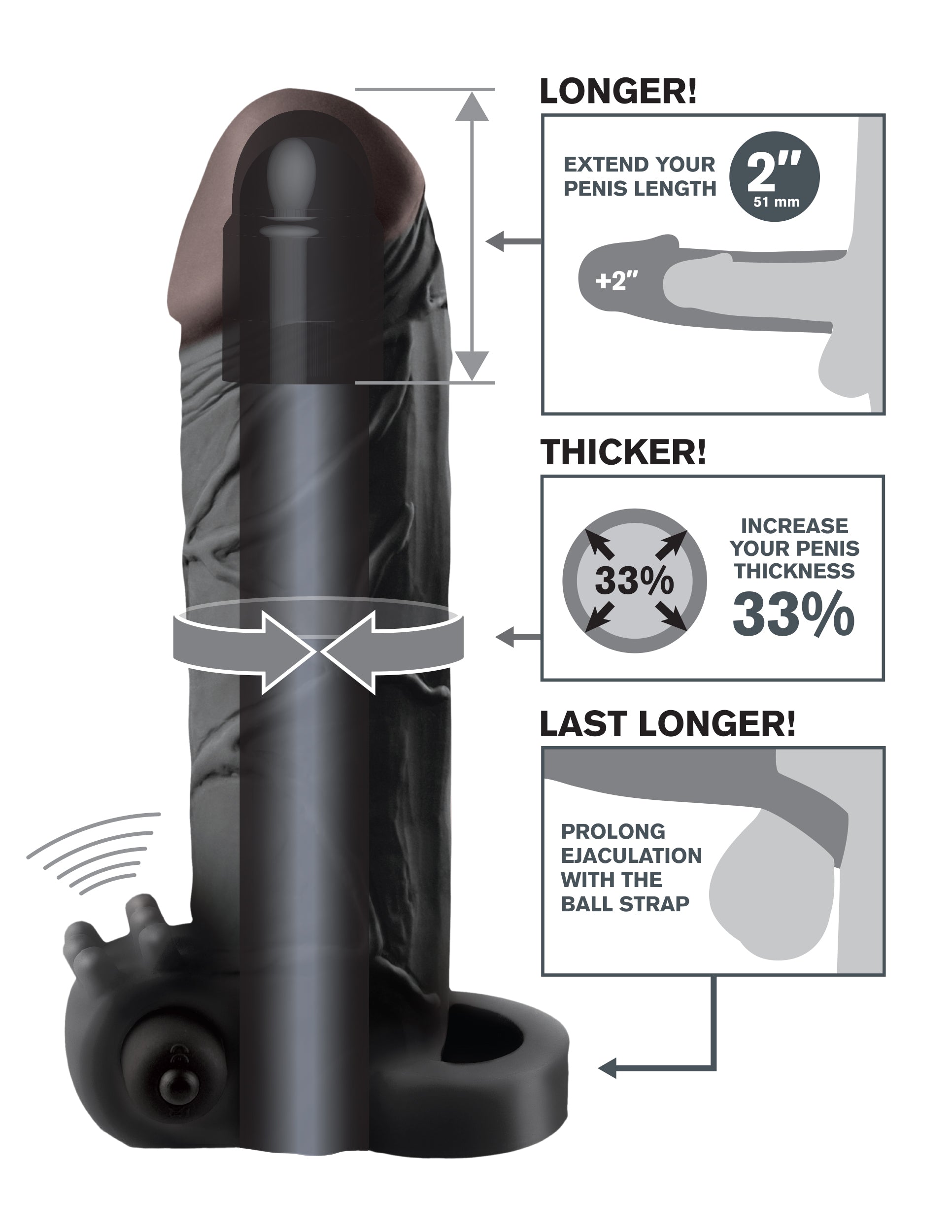 Fantasy X-Tensions Vibrating Real Feel 2 Inch Cock Extension Pumps, Extenders and Sleeves