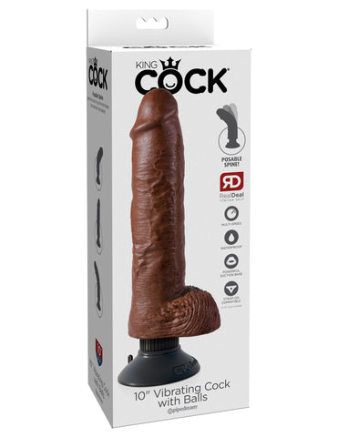 King Cock 10 inch Vibrating Cock with Balls Brown - Realistic Dildos