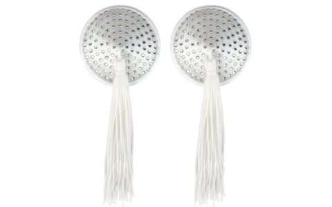 Peekaboo White Satin With White Stone & Tassel Pasties White - Fancy Dress Ups