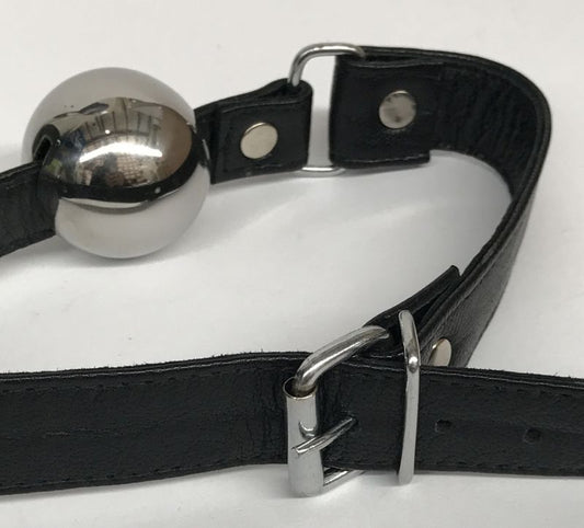 Popper Metal Ball Gag with Leather Straps - Bondage Gags and Bits