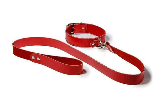 Bedroom Bondage Collar Adjustable Red Leather with Lead - Collars and Leads