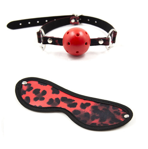Red Leopard Ball Gag & Eye Mask - Bondage Gags and Bits
