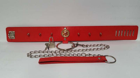 Red Medallion Spiked Collar & Leash - Collars and Leads