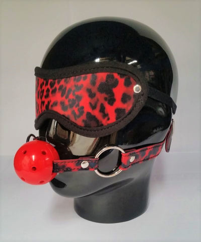 Red Leopard Ball Gag & Eye Mask - Bondage Gags and Bits