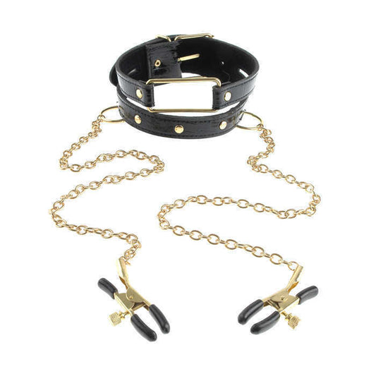 Fetish Fantasy Gold Collar and Nipple Clamps Black - Nipple and Clit Clamps