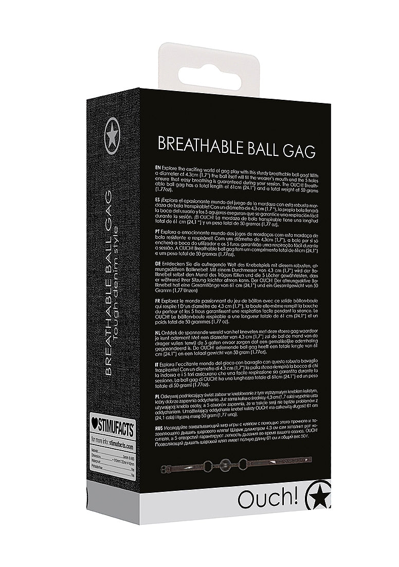 Shots Toys Breathable Ball Gag with Roughend Denim Straps - Bondage Gags and Bits