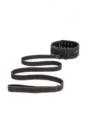 Shots Toys Denim Style Bondage Collar With Leash - Collars and Leads