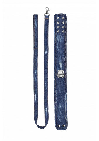 Shots Toys Denim Style Bondage Collar With Leash - Collars and Leads