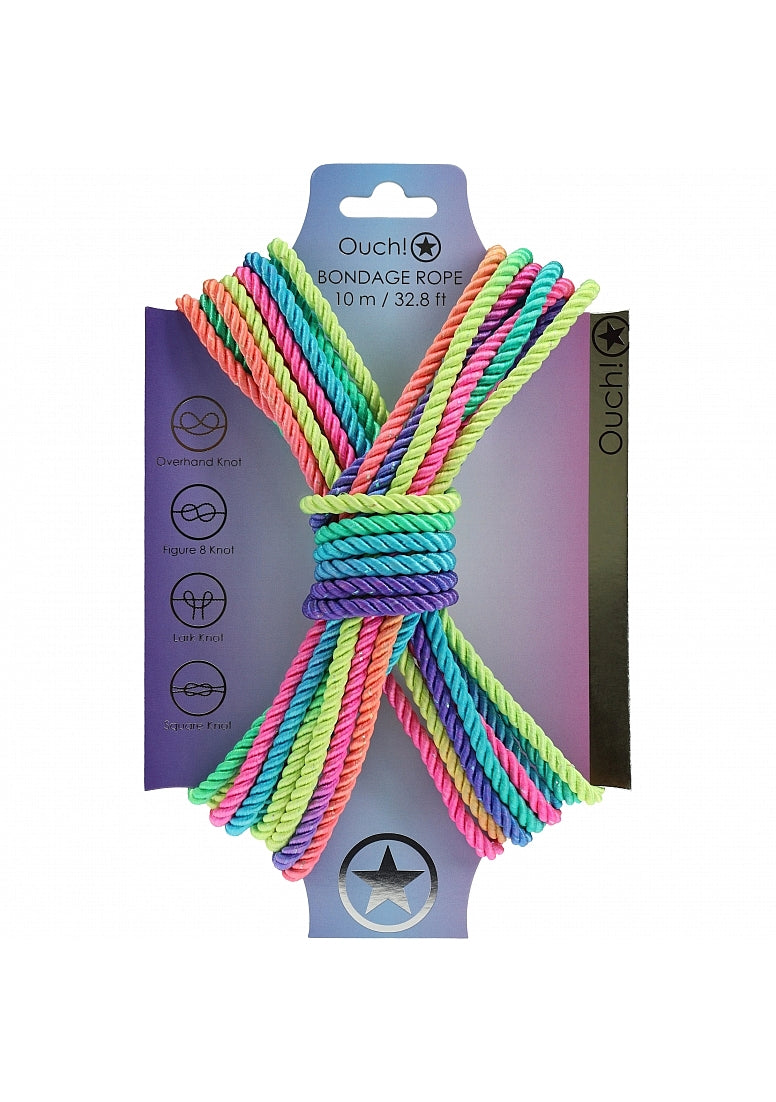 OUCH! Silky Smooth Nylon Bondage Rope 10m Multicolour 2 Cuffs And Restraints