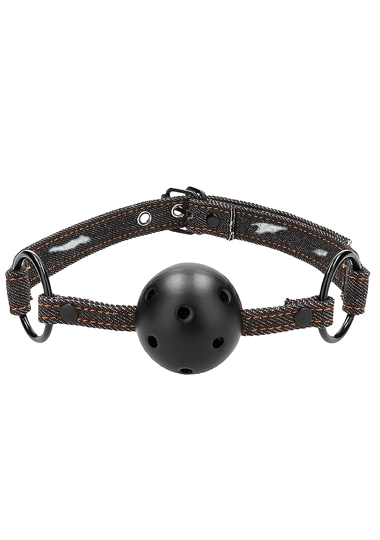 Shots Toys Breathable Ball Gag with Roughend Denim Straps - Bondage Gags and Bits