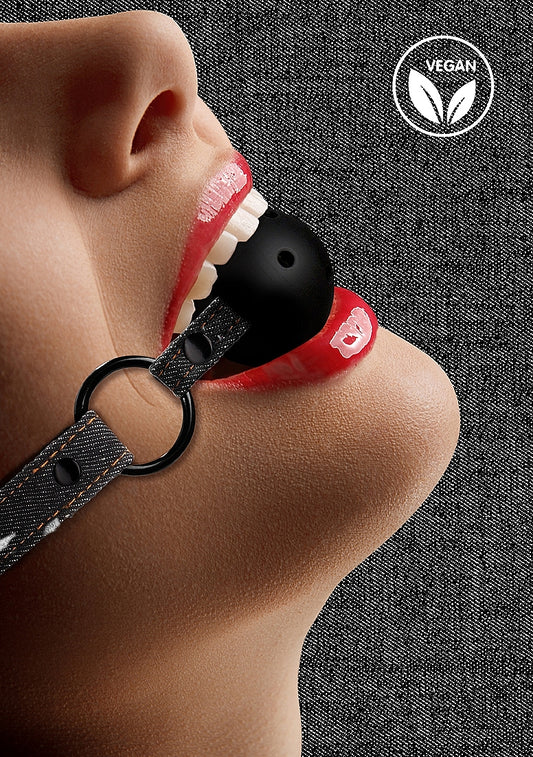 Shots Toys Breathable Ball Gag with Roughend Denim Straps - Bondage Gags and Bits