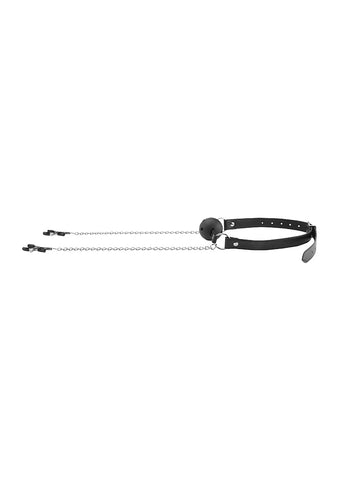 Shots Toys Breathable Bondage Ball Gag With Nipple Clamps - Bondage Gags and Bits