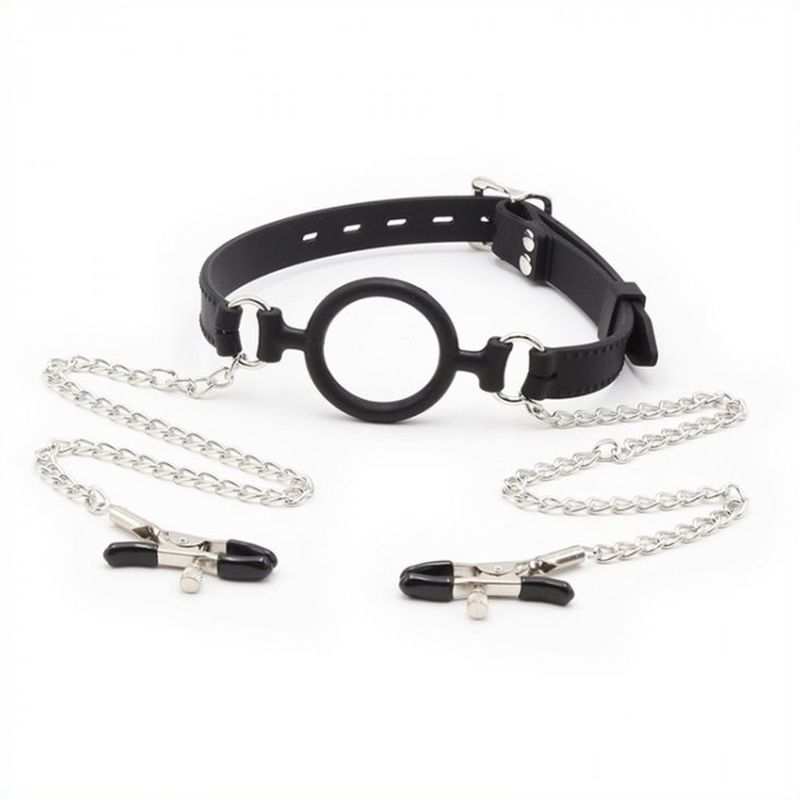 Silicone O Ring Gag With Nipple Clamp Bondage Gags and Bits