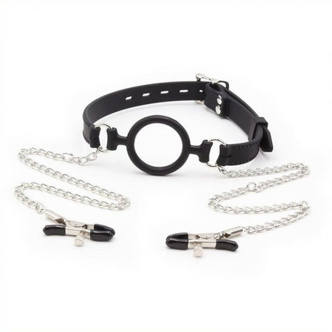 Silicone O Ring Gag With Nipple Clamp - Bondage Gags and Bits