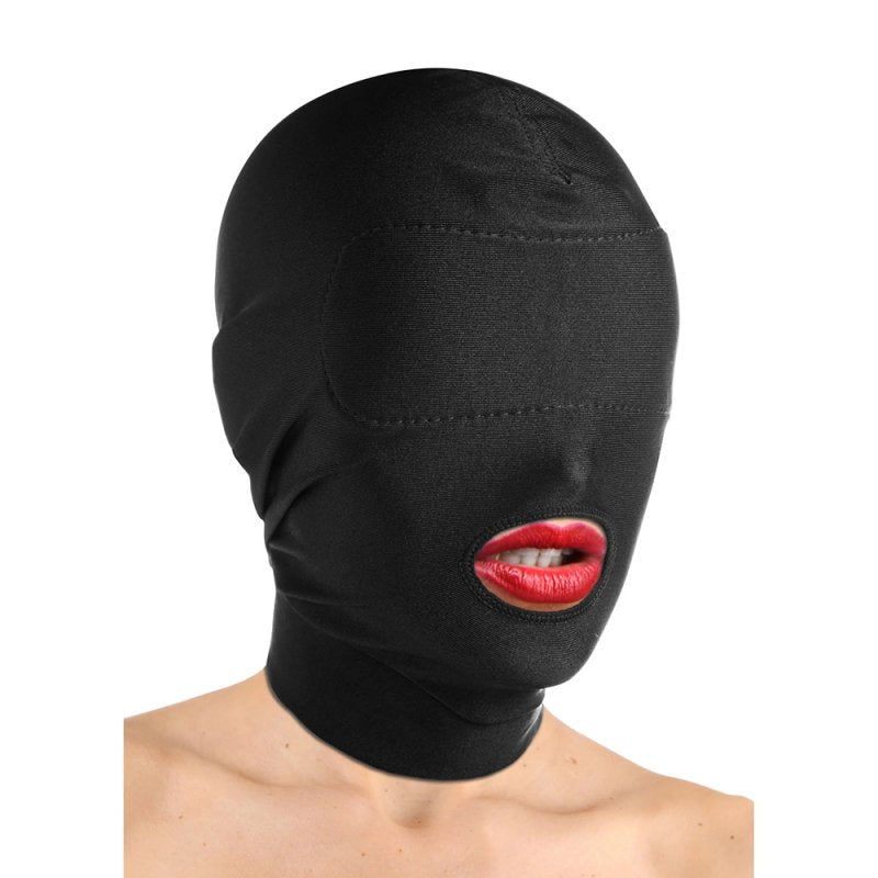 Spandex Open Mouth Hood With Padded Blindfold Black Bondage Hoods