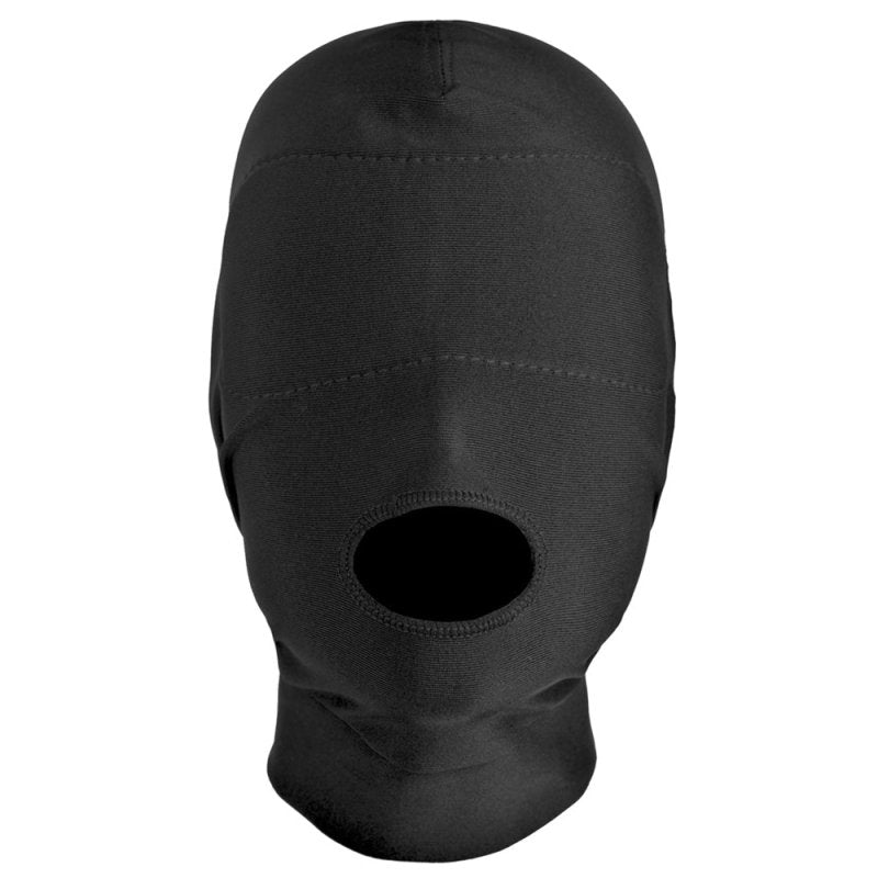 BDStyle Disguise Open Mouth Hood with Padded Blindfold Black Large Bondage Hoods