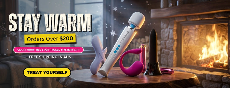 Winter sale banner: adult toys collection with free mystery gift on orders over $200, free shipping across Australia