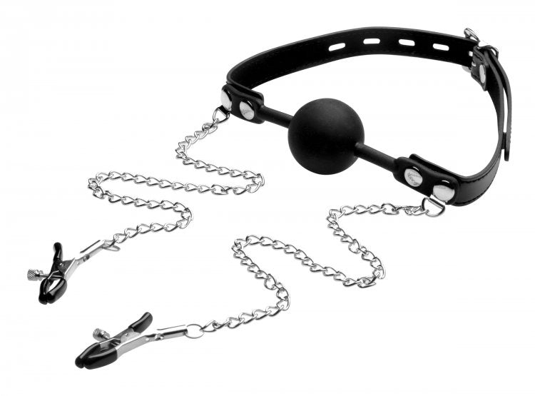 Strict Silicone Ball Gag With Nipple Clamps Black Bondage Gags and Bits