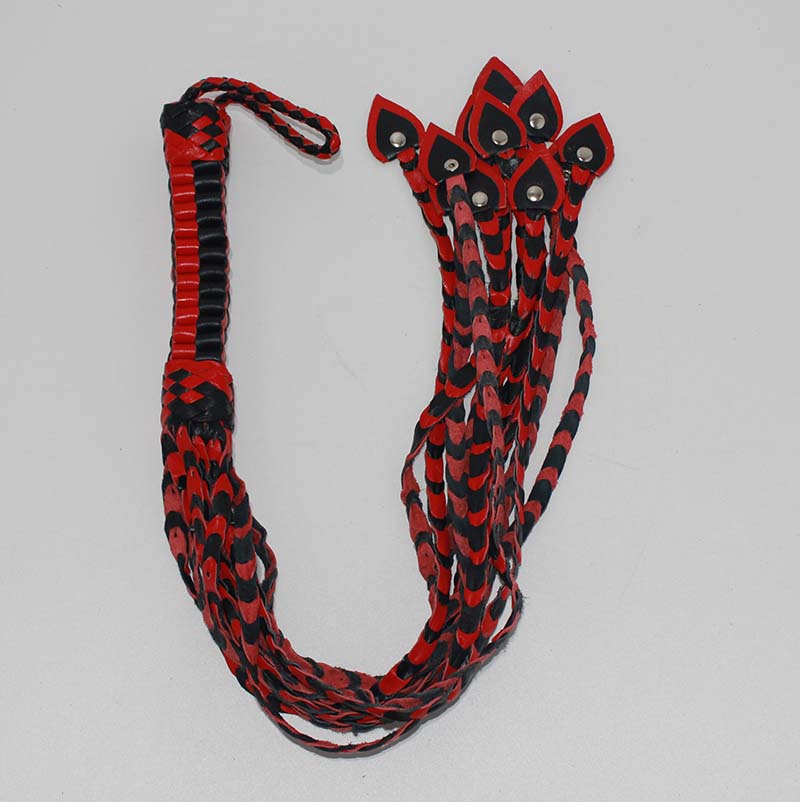 Whippa Leather Flogger with Braided Handle Black/Red Whips And Crops